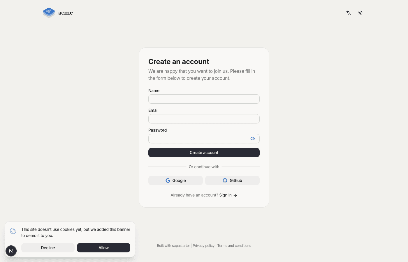 Sign up and create organization